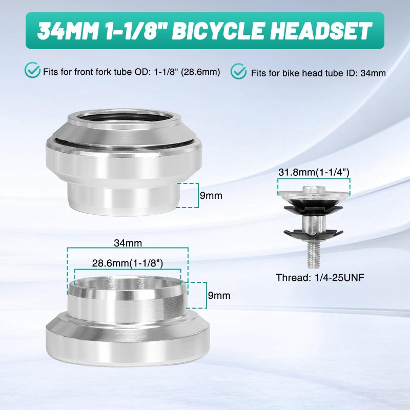 Tongze 1-1/8"" 34mm Bike Headset, MTB Headset Fits for Mountain Bike Road Bicycle with Bearing & Stem Cap(Silver) - Image 4